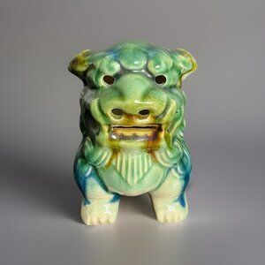 Vintage Chinese Foo Dog 3.5" Majolica Ceramic Figurine Blue/Green